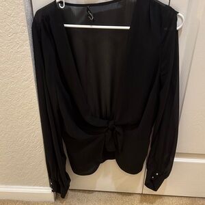 bebe Black Sheer Tie-Front Long Sleeve Blouse